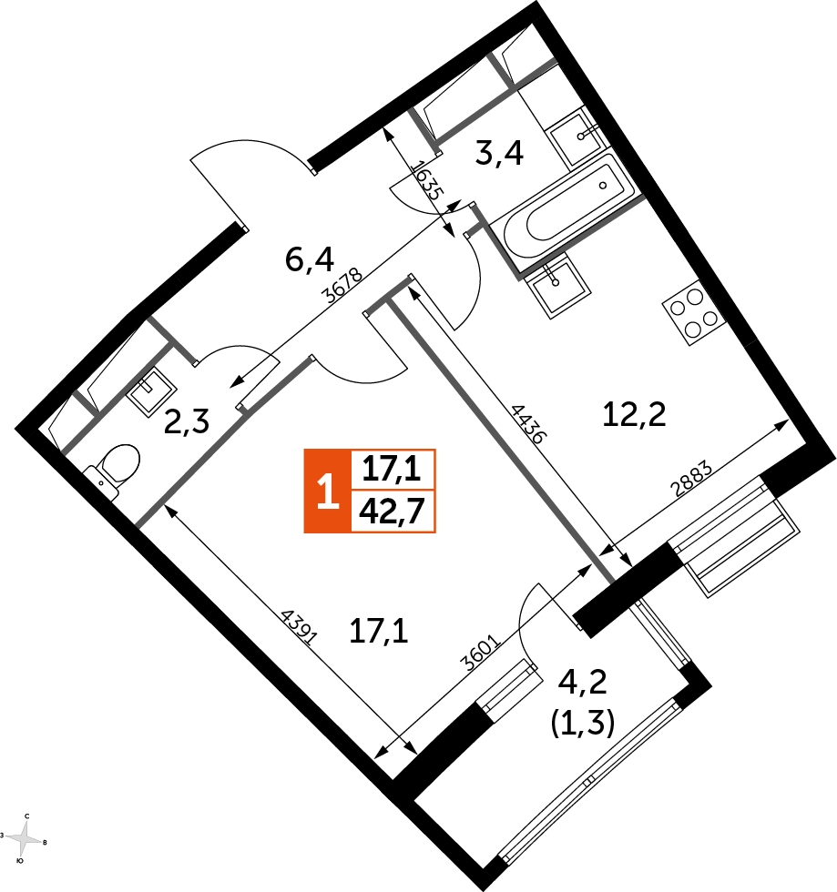 1-комнатная квартира в ЖК UP-квартал Римский на 9 этаже в 12 секции. Сдача в 3 кв. 2023 г.