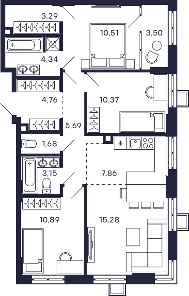 2-комнатная квартира в ЖК Жилой микрорайон Одинбург на 12 этаже в 4 секции. Сдача в 2 кв. 2025 г.