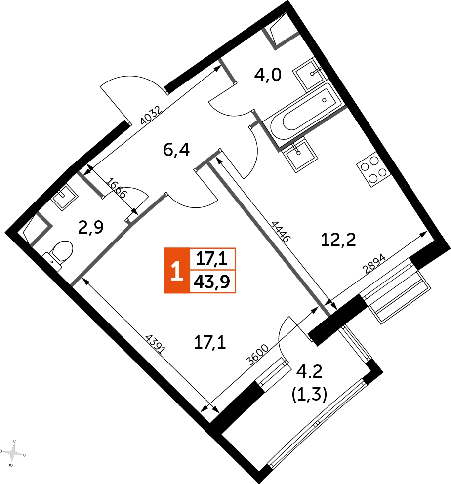 1-комнатная квартира в ЖК UP-квартал Римский на 7 этаже в 22 секции. Сдача в 3 кв. 2023 г.