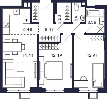 2-комнатная квартира с отделкой в ЖК Квартал Тетрис на 25 этаже в 1 секции. Сдача в 2 кв. 2026 г.