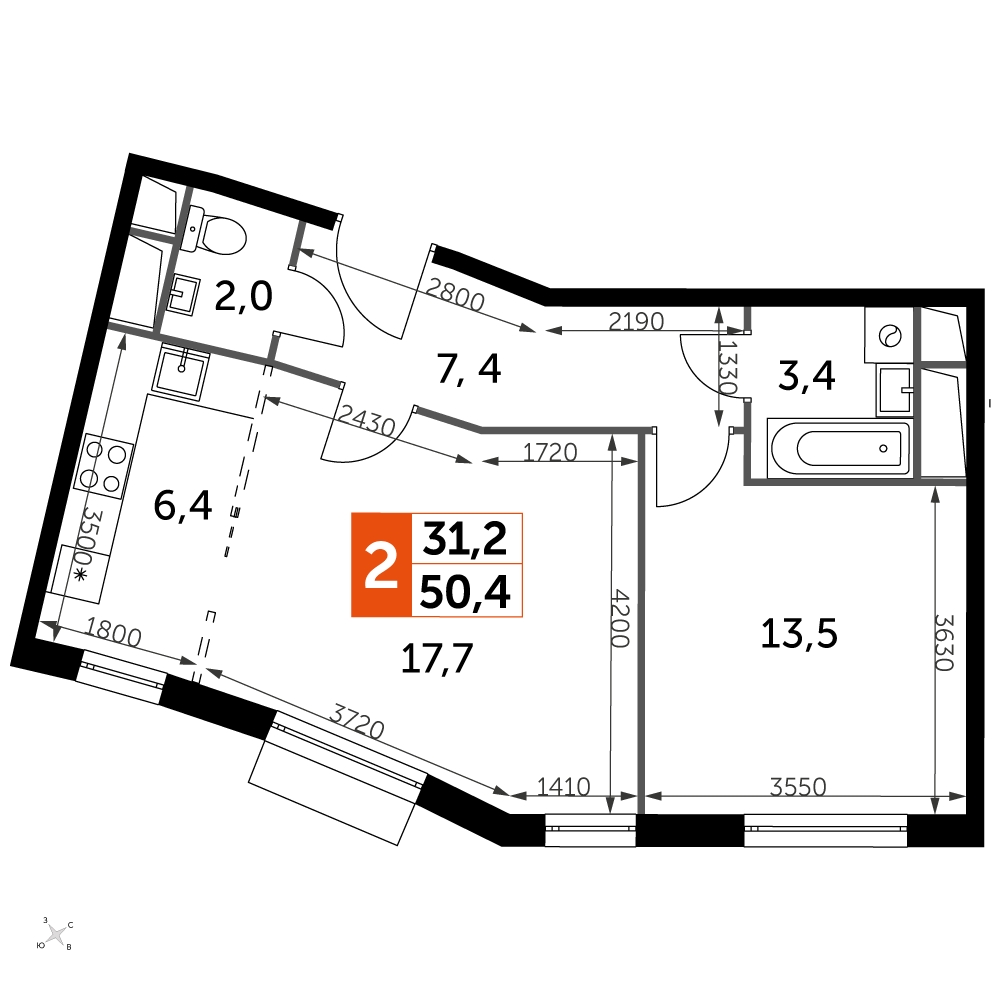 2-комнатная квартира в ЖК Символ на 14 этаже в 1 секции. Сдача в 1 кв. 2024 г.