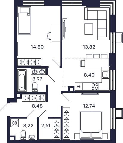 1-комнатная квартира с отделкой в ЖК Новые Ватутинки. Центральный на 12 этаже в 7 секции. Сдача в 1 кв. 2024 г.