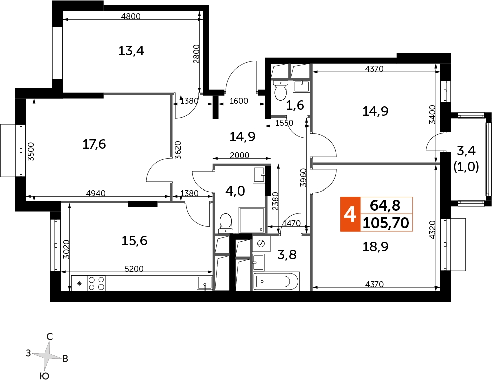 2-комнатная квартира в ЖК UP-квартал Римский на 4 этаже в 12 секции. Сдача в 3 кв. 2023 г.
