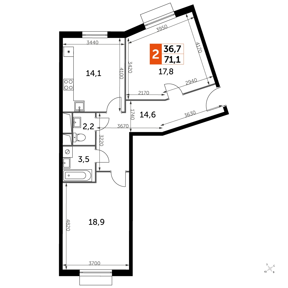 3-комнатная квартира в ЖК UP-квартал Римский на 14 этаже в 5 секции. Сдача в 3 кв. 2023 г.
