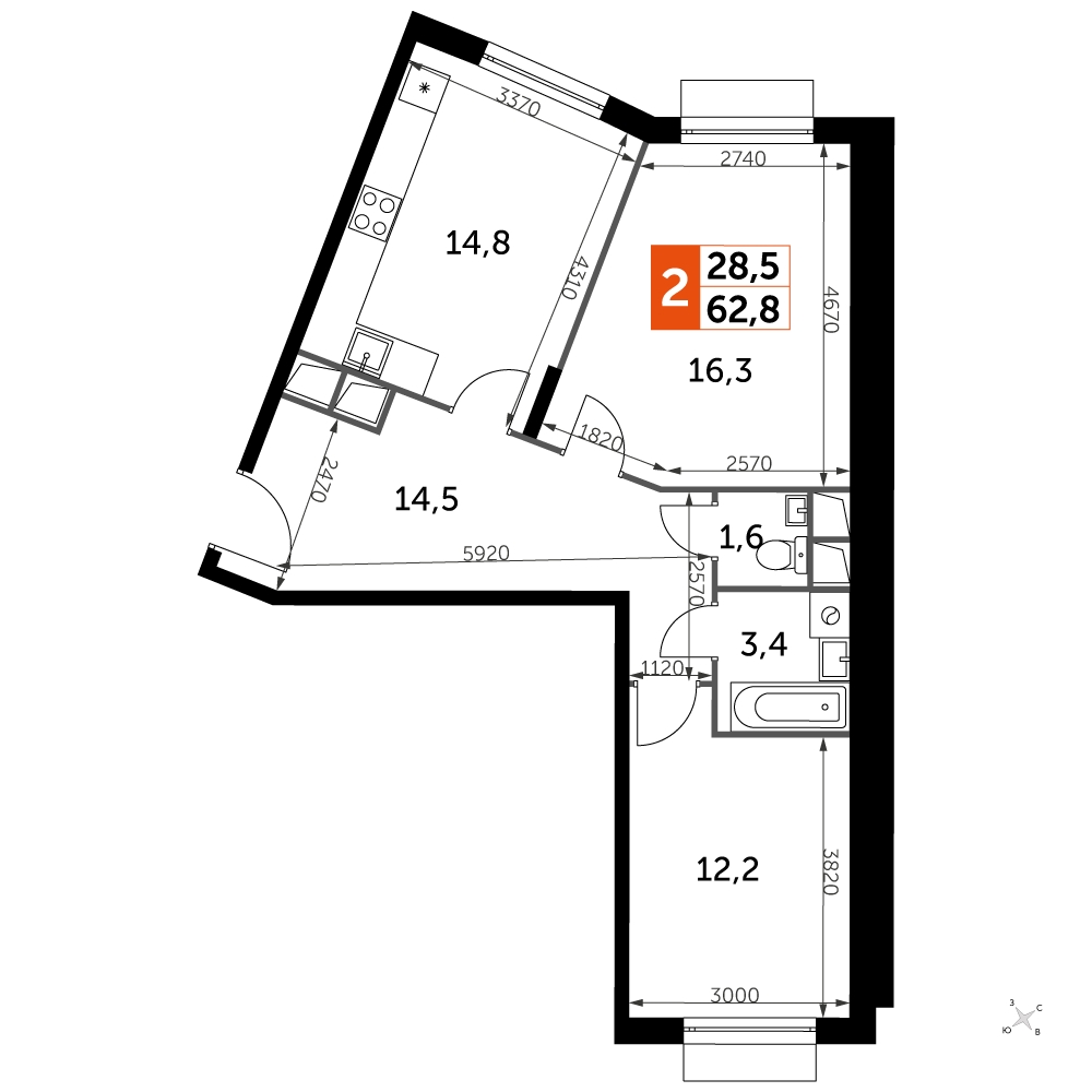 2-комнатная квартира в ЖК UP-квартал Римский на 10 этаже в 20 секции. Сдача в 3 кв. 2023 г.
