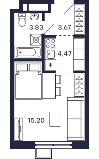 1-комнатная квартира (Студия) в ЖК Жилой микрорайон Одинбург на 14 этаже в 4 секции. Сдача в 2 кв. 2025 г.