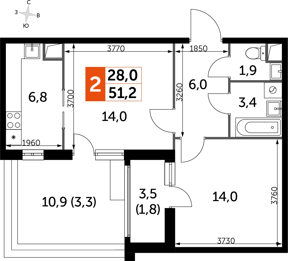 2-комнатная квартира в ЖК UP-квартал Римский на 3 этаже в 19 секции. Сдача в 3 кв. 2023 г.