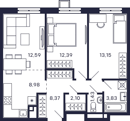 2-комнатная квартира в ЖК VESNA на 7 этаже в 2 секции. Сдача в 4 кв. 2022 г.