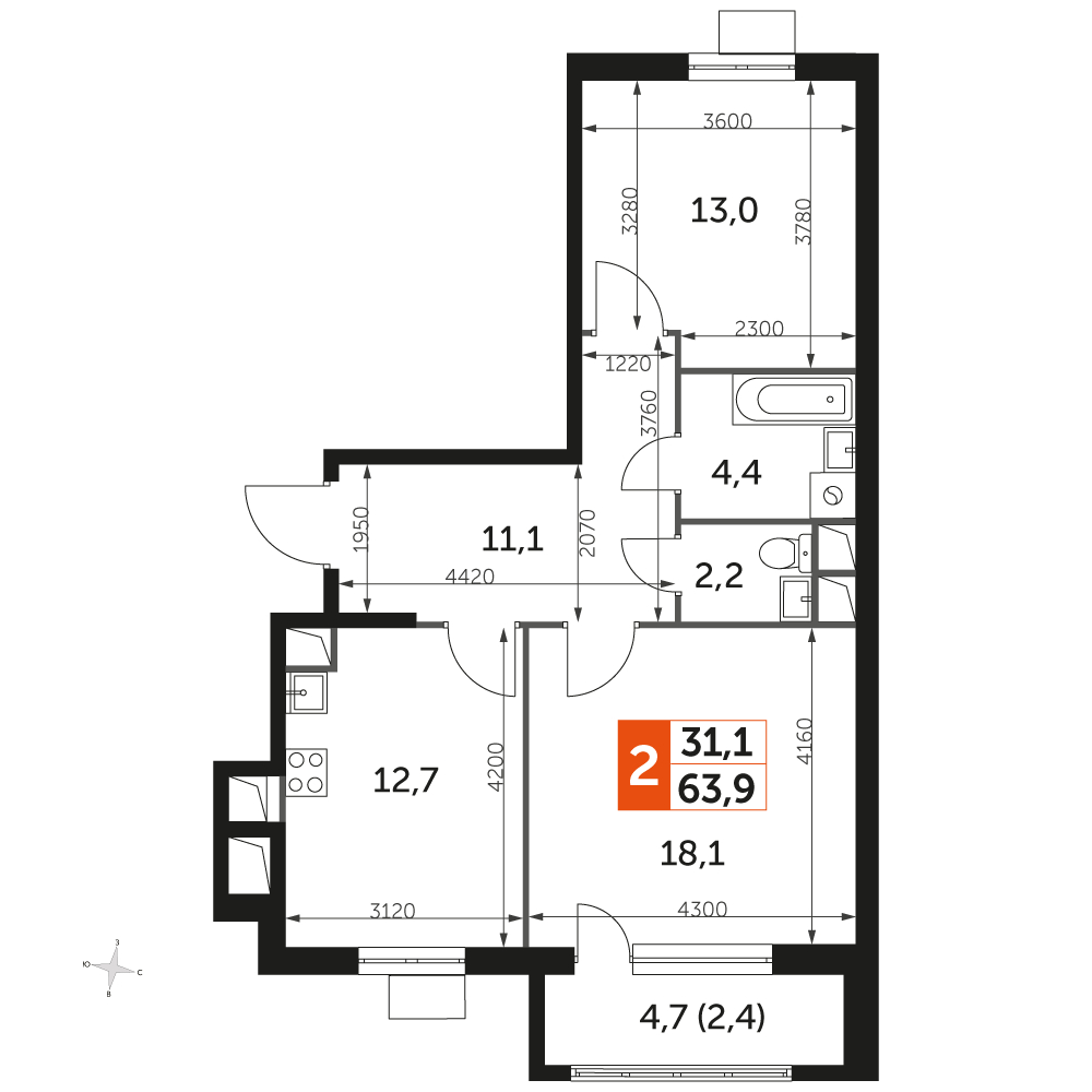 2-комнатная квартира в ЖК UP-квартал Римский на 3 этаже в 5 секции. Сдача в 3 кв. 2023 г.