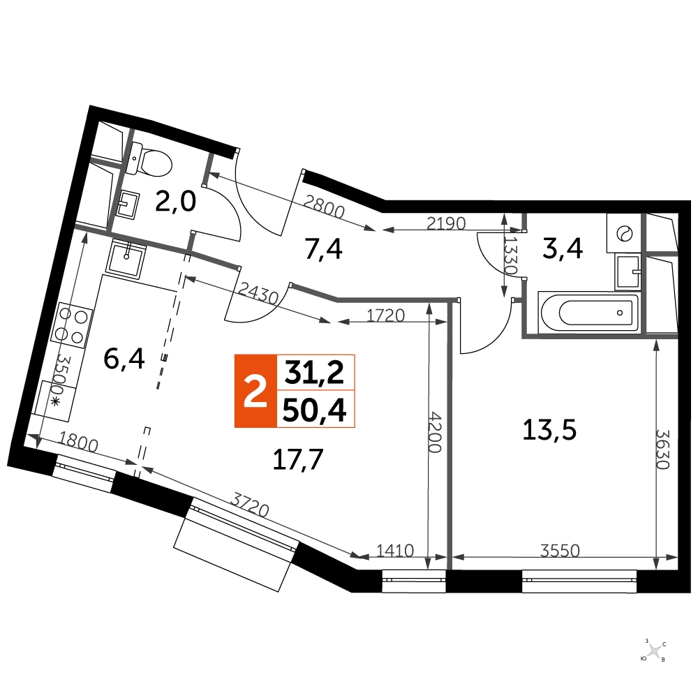 2-комнатная квартира в ЖК Символ на 20 этаже в 1 секции. Сдача в 1 кв. 2024 г.