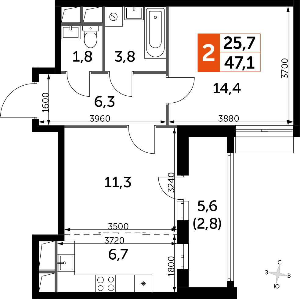 2-комнатная квартира в ЖК UP-квартал Римский на 15 этаже в 5 секции. Сдача в 3 кв. 2023 г.