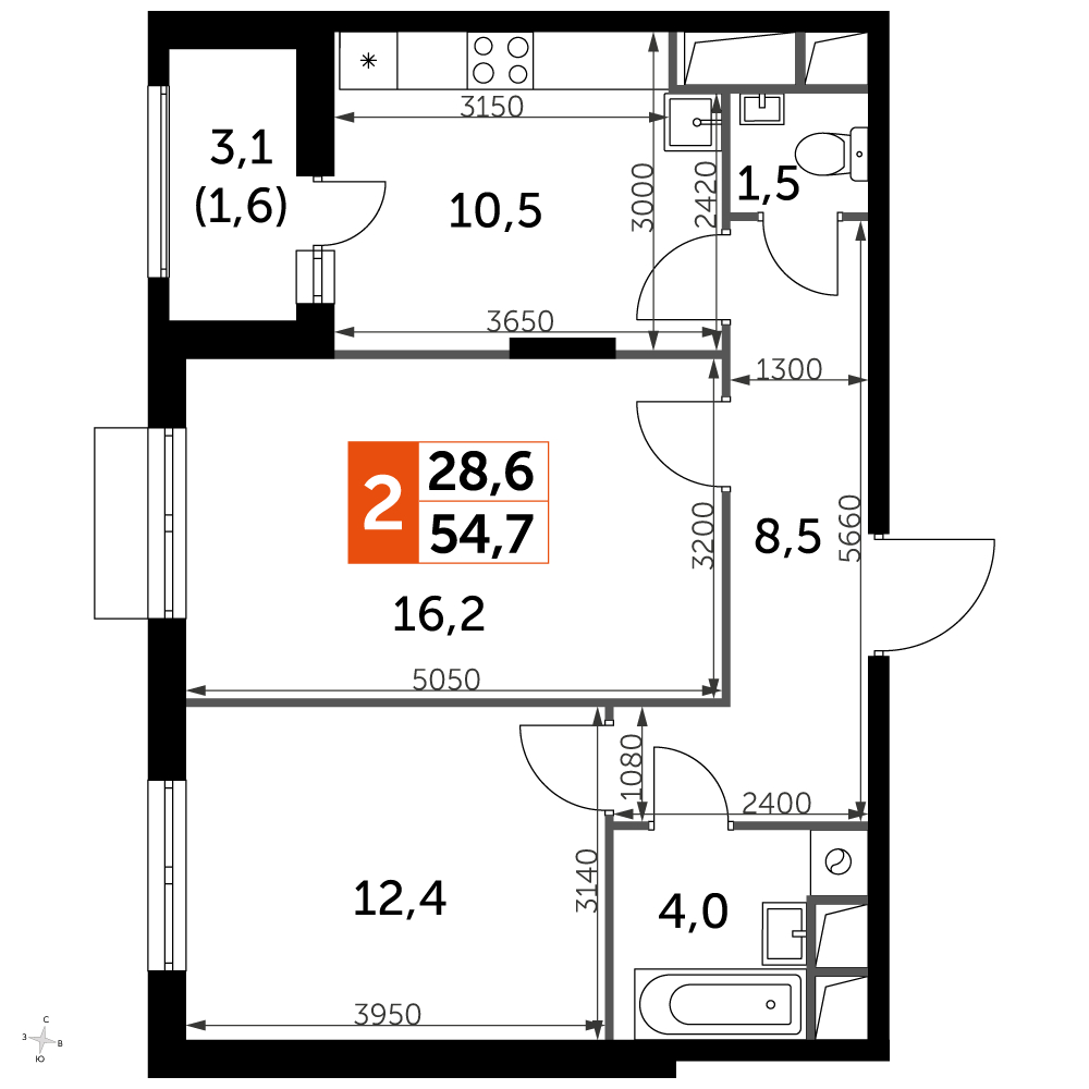 2-комнатная квартира в ЖК Резиденции Замоскворечье на 4 этаже в 3 секции. Дом сдан.