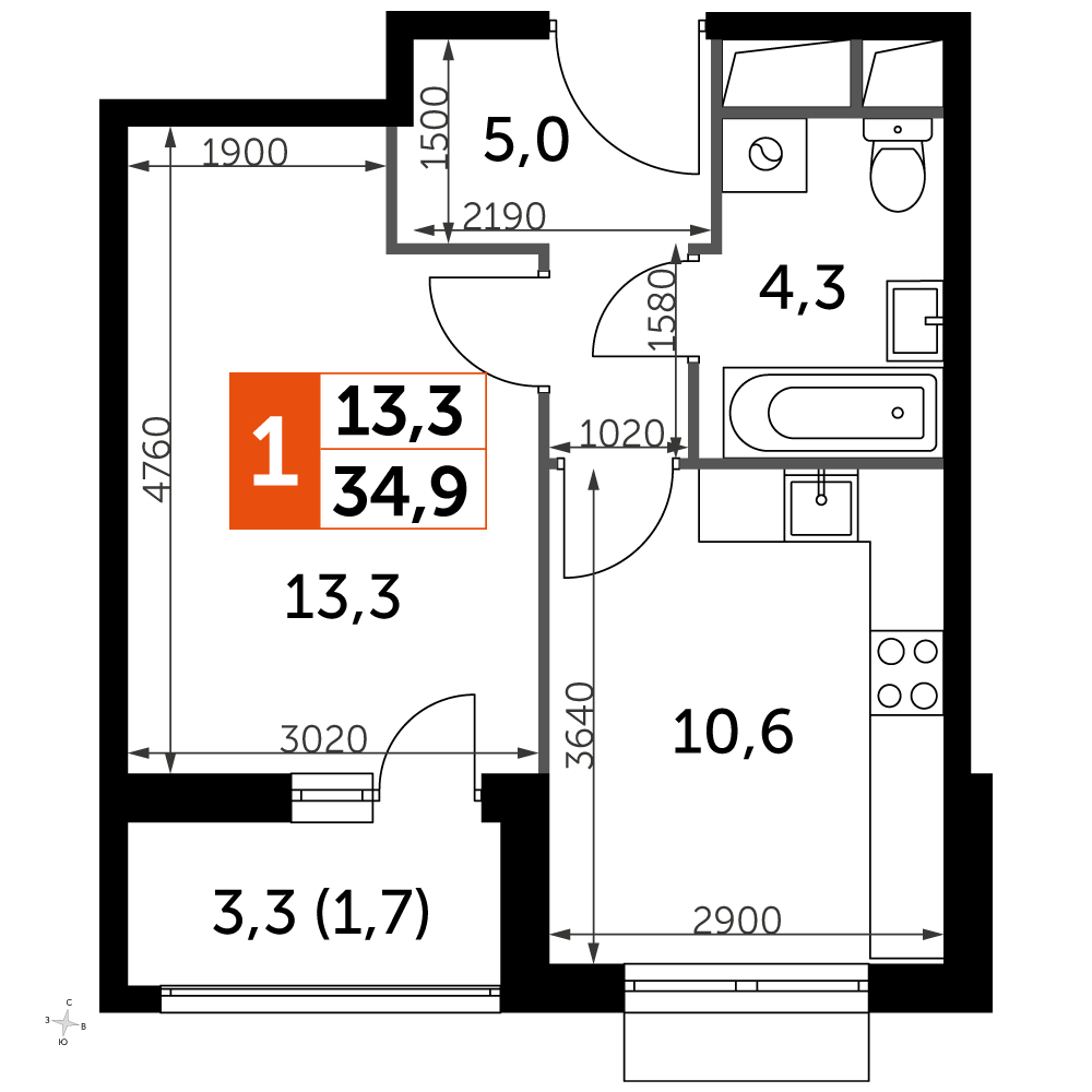1-комнатная квартира (Студия) в ЖК Символ на 14 этаже в 2 секции. Сдача в 3 кв. 2025 г.