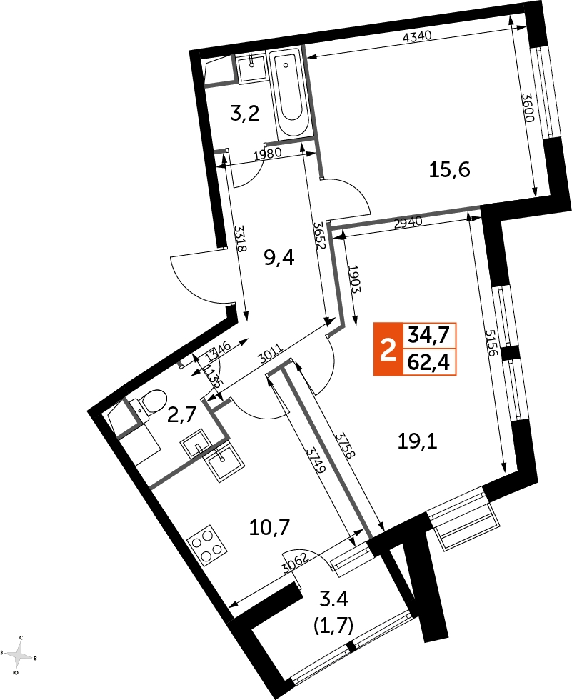 2-комнатная квартира в ЖК UP-квартал Римский на 8 этаже в 1 секции. Сдача в 3 кв. 2023 г.