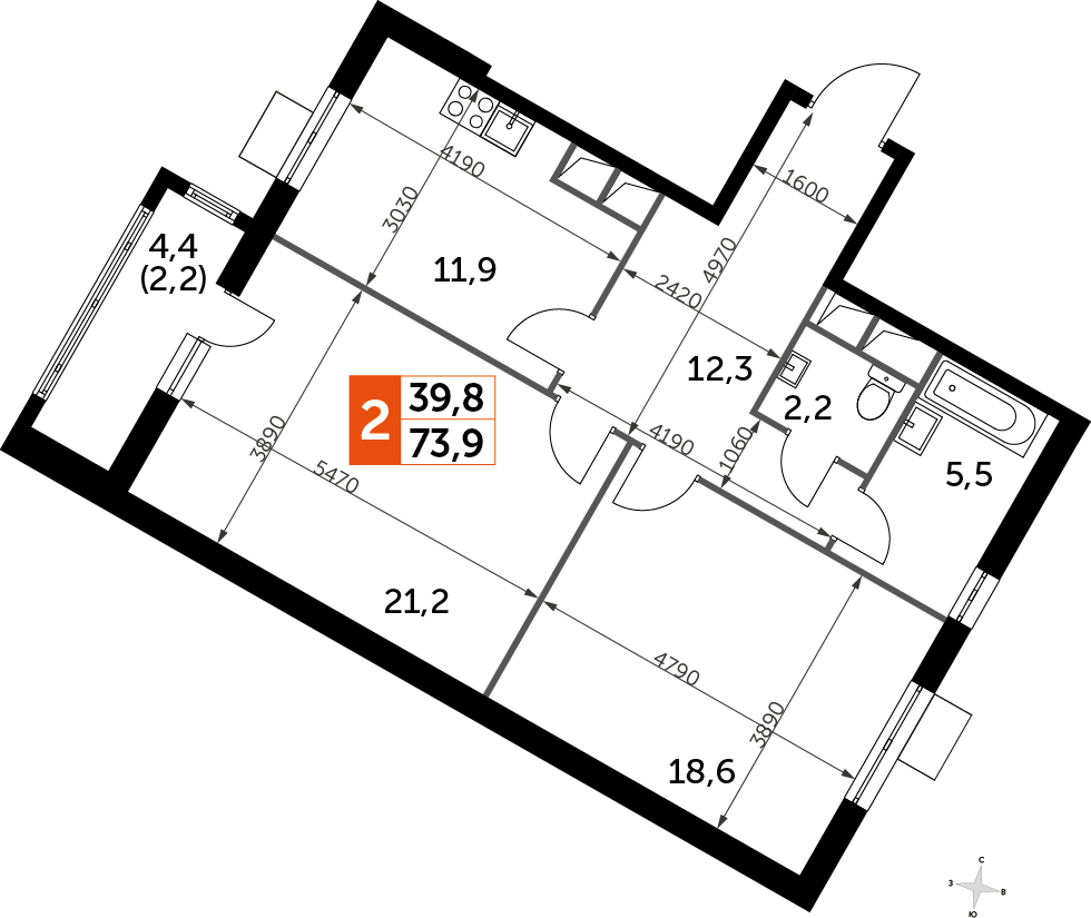 2-комнатная квартира в ЖК UP-квартал Римский на 4 этаже в 1 секции. Сдача в 3 кв. 2023 г.