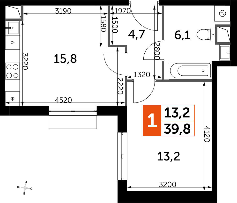 1-комнатная квартира в ЖК UP-квартал Римский на 1 этаже в 12 секции. Сдача в 3 кв. 2023 г.