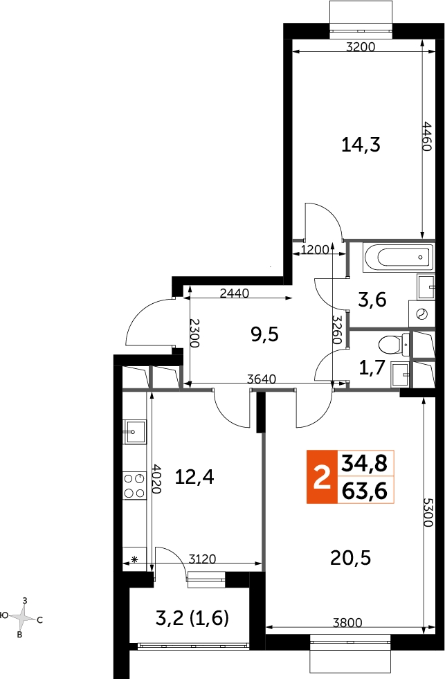 3-комнатная квартира в ЖК UP-квартал Римский на 4 этаже в 1 секции. Сдача в 3 кв. 2023 г.