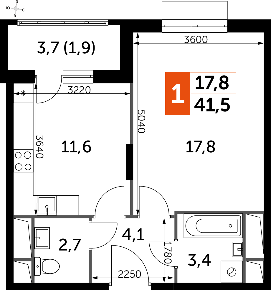 1-комнатная квартира в ЖК UP-квартал Римский на 10 этаже в 12 секции. Сдача в 3 кв. 2023 г.