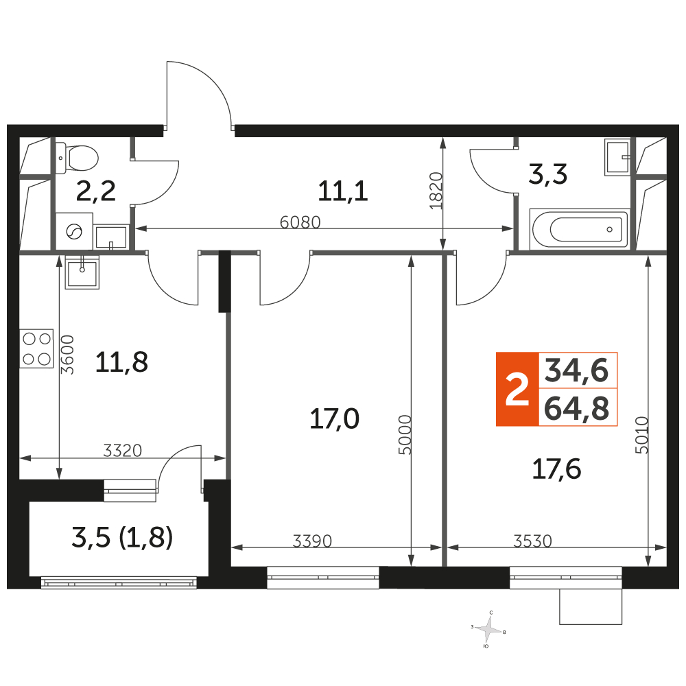2-комнатная квартира в ЖК UP-квартал Римский на 6 этаже в 8 секции. Сдача в 3 кв. 2023 г.