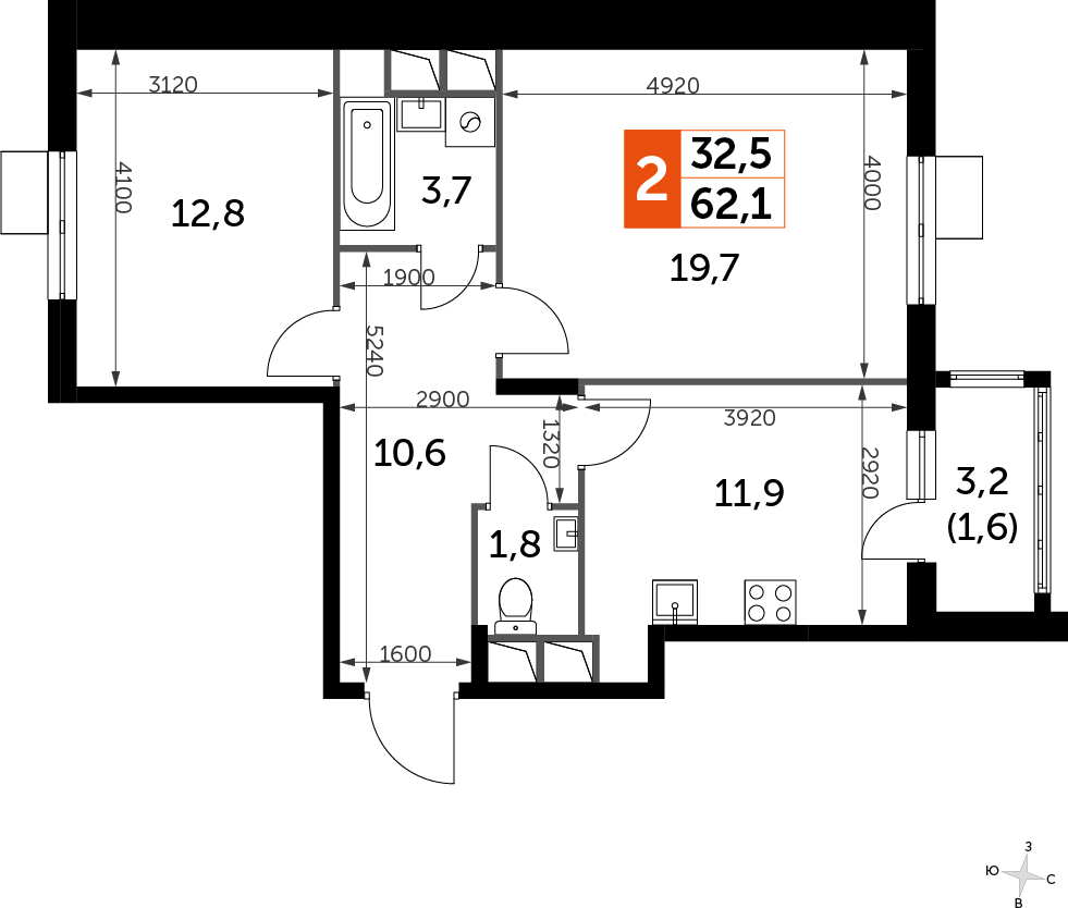 2-комнатная квартира в ЖК UP-квартал Римский на 8 этаже в 8 секции. Сдача в 3 кв. 2023 г.