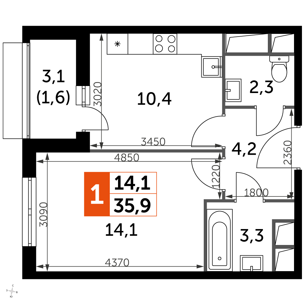 1-комнатная квартира в ЖК UP-квартал Римский на 1 этаже в 12 секции. Сдача в 3 кв. 2023 г.