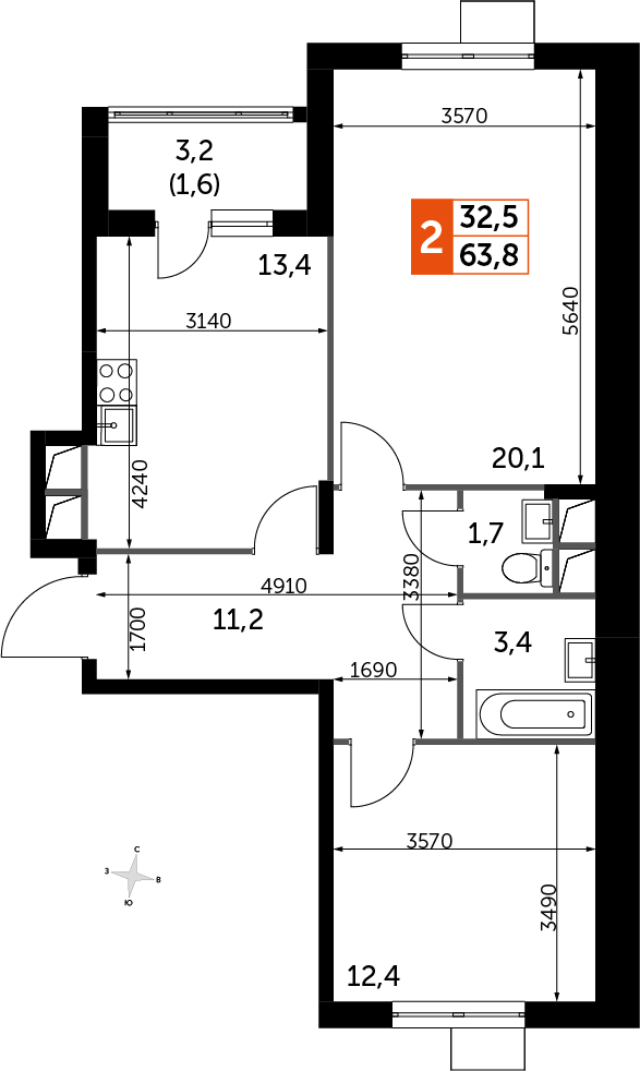 2-комнатная квартира в ЖК UP-квартал Римский на 7 этаже в 5 секции. Сдача в 3 кв. 2023 г.