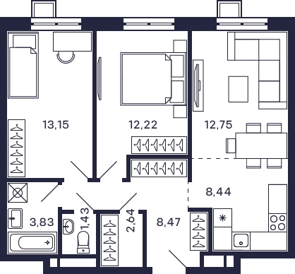 1-комнатная квартира в ЖК VESNA на 5 этаже в 2 секции. Сдача в 4 кв. 2022 г.