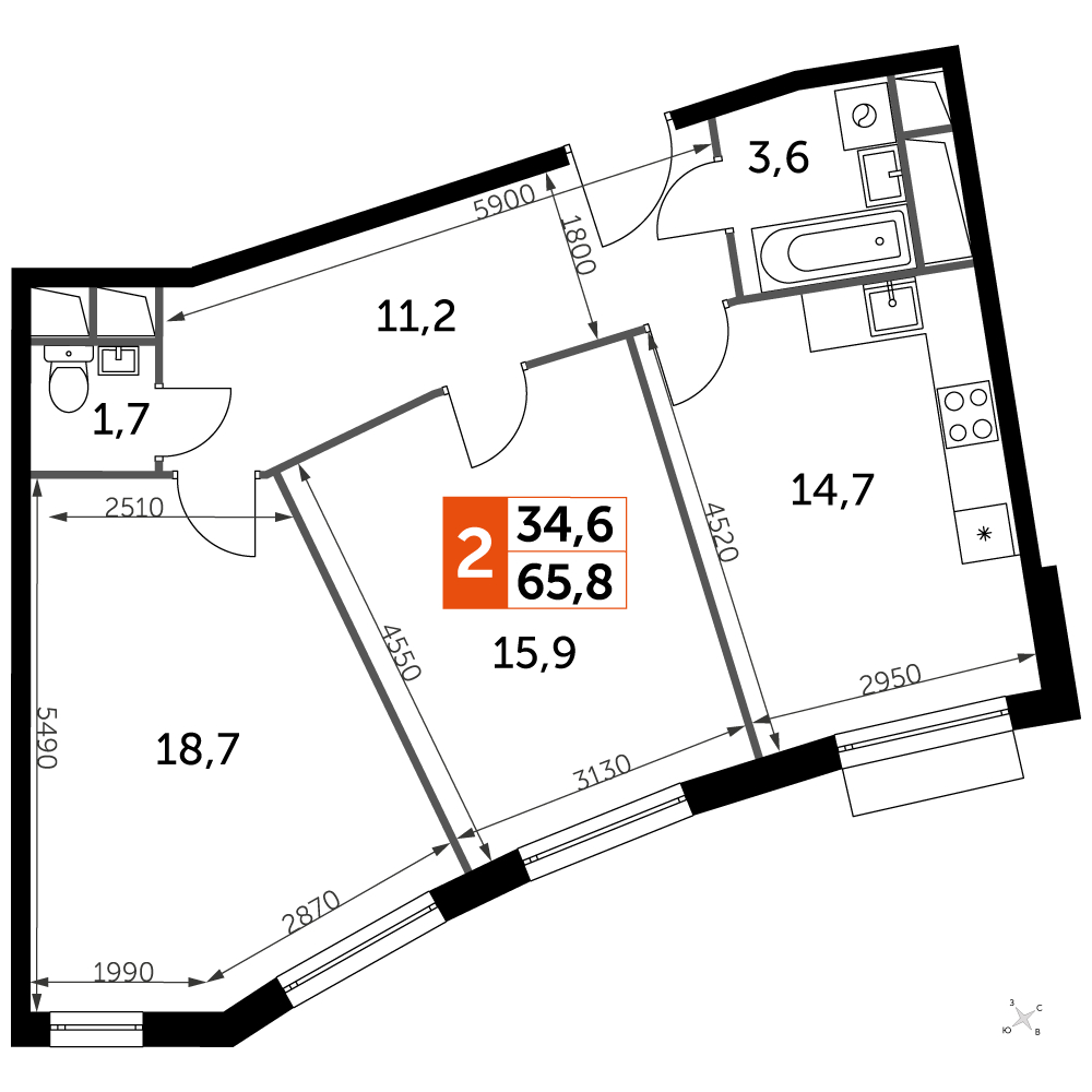 2-комнатная квартира в ЖК UP-квартал Римский на 7 этаже в 17 секции. Сдача в 3 кв. 2023 г.