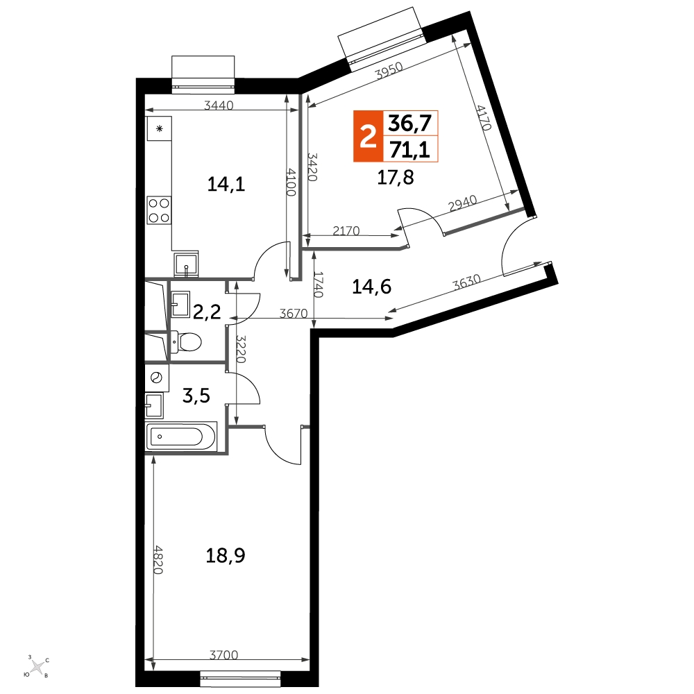 2-комнатная квартира в ЖК Символ на 23 этаже в 1 секции. Сдача в 3 кв. 2025 г.