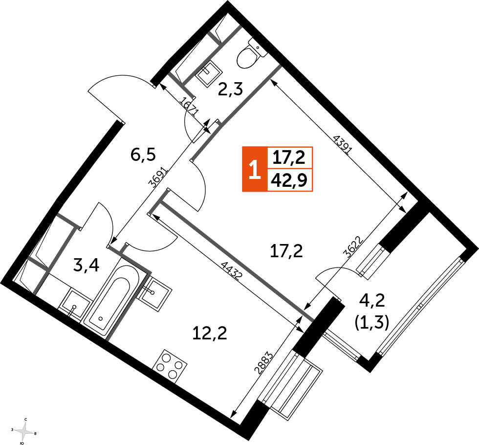 1-комнатная квартира в ЖК UP-квартал Римский на 6 этаже в 20 секции. Сдача в 3 кв. 2023 г.