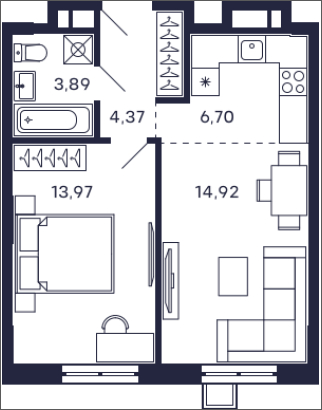 1-комнатная квартира с отделкой в ЖК Квартал Тетрис на 22 этаже в 1 секции. Сдача в 2 кв. 2026 г.