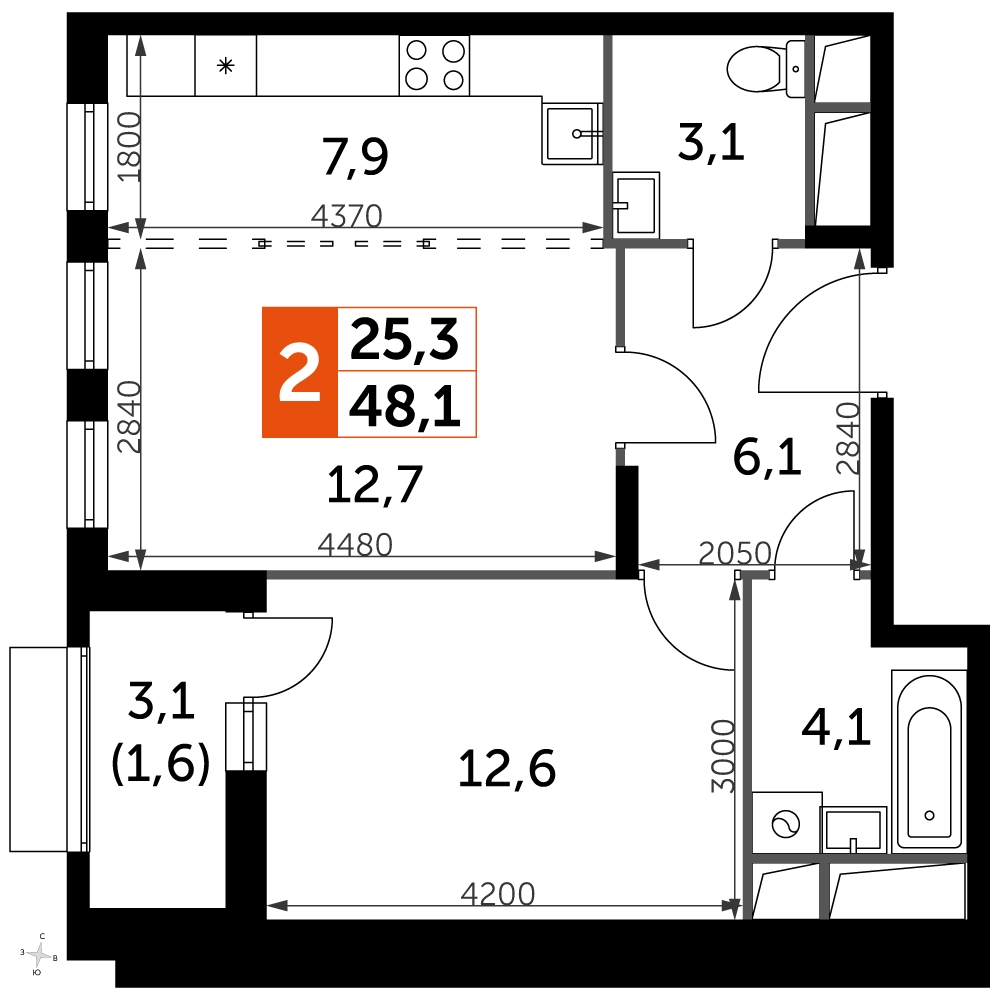 1-комнатная квартира (Студия) с отделкой в ЖК Скандинавия на 11 этаже в 2 секции. Сдача в 2 кв. 2025 г.