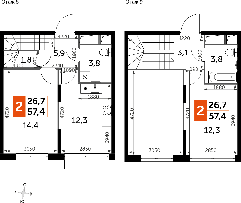 2-комнатная квартира в ЖК UP-квартал Римский на 1 этаже в 22 секции. Сдача в 3 кв. 2023 г.