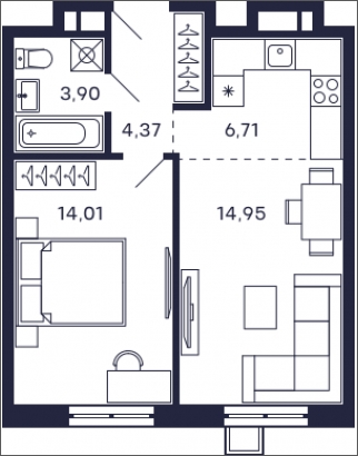 1-комнатная квартира (Студия) в ЖК Жилой микрорайон Одинбург на 2 этаже в 4 секции. Сдача в 2 кв. 2025 г.