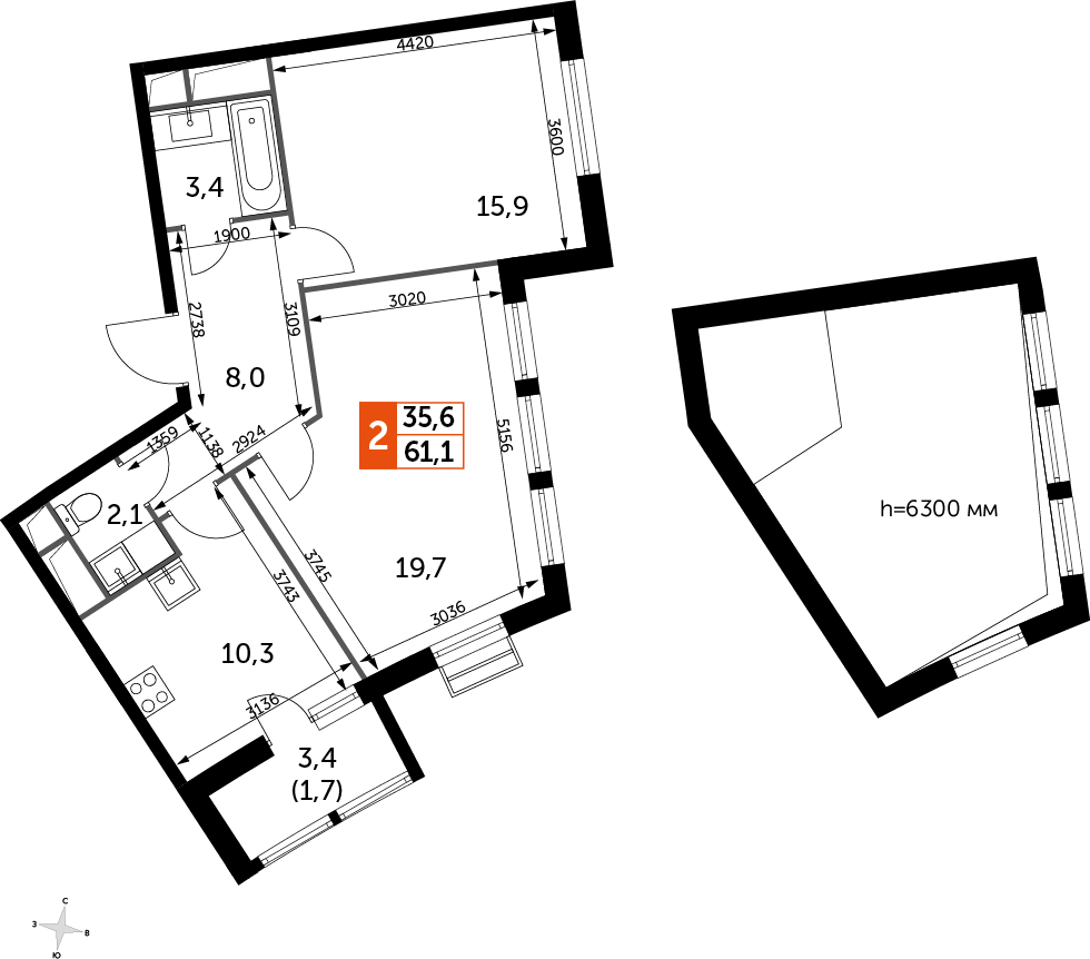 2-комнатная квартира в ЖК UP-квартал Римский на 3 этаже в 9 секции. Сдача в 3 кв. 2023 г.