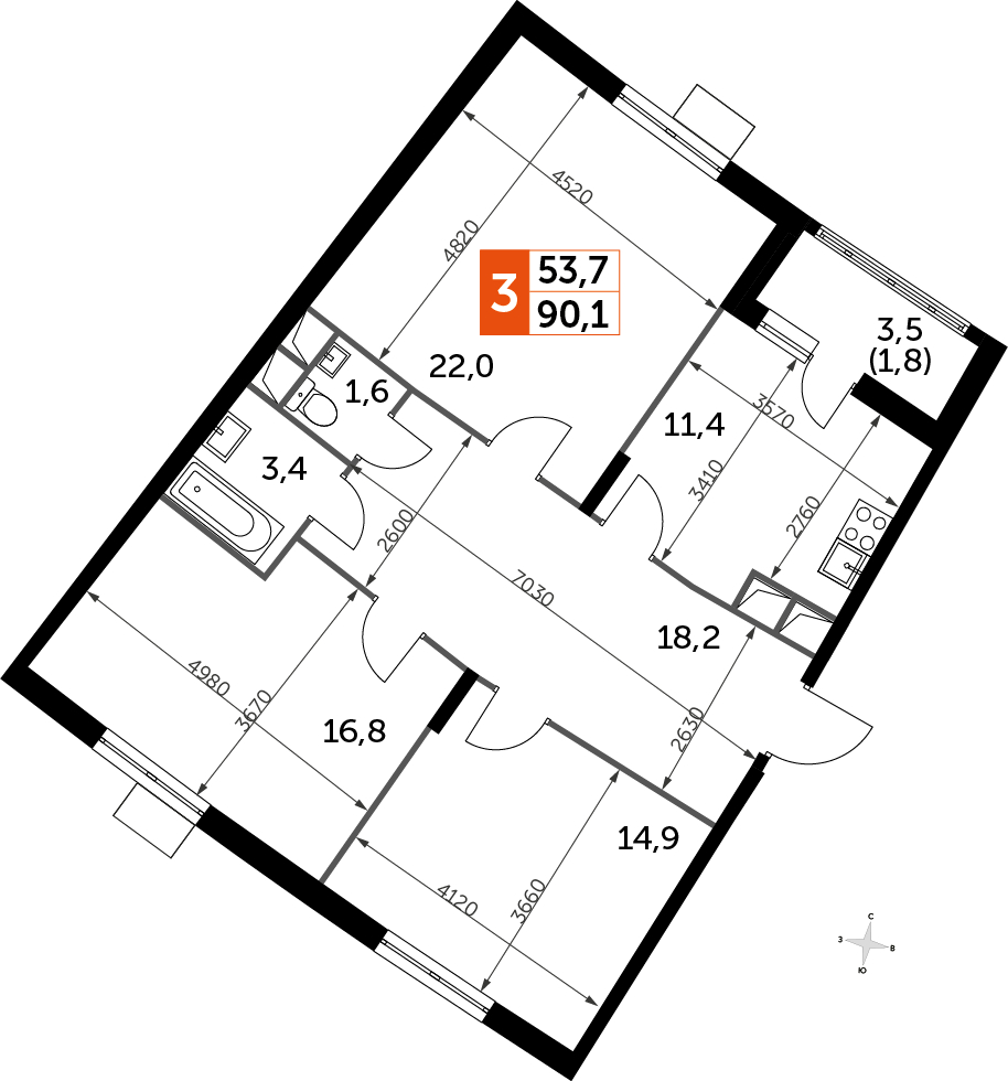 3-комнатная квартира в ЖК Зеленые аллеи на 13 этаже в 4 секции. Сдача в 2 кв. 2021 г.