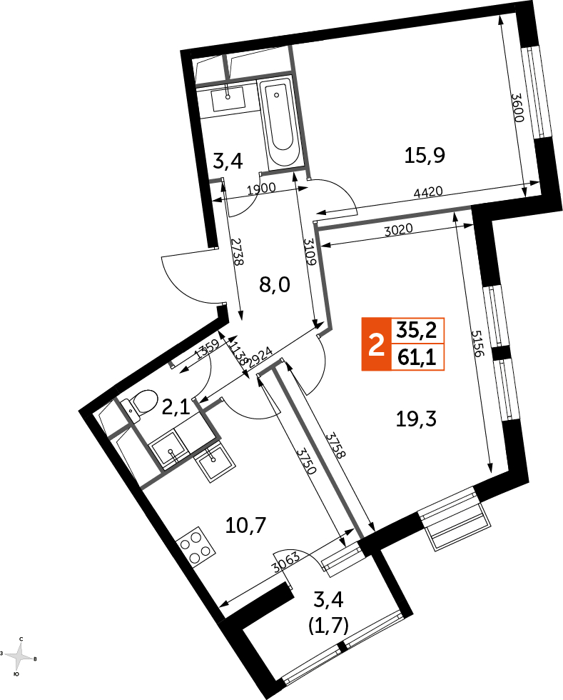 1-комнатная квартира в ЖК UP-квартал Римский на 8 этаже в 20 секции. Сдача в 3 кв. 2023 г.