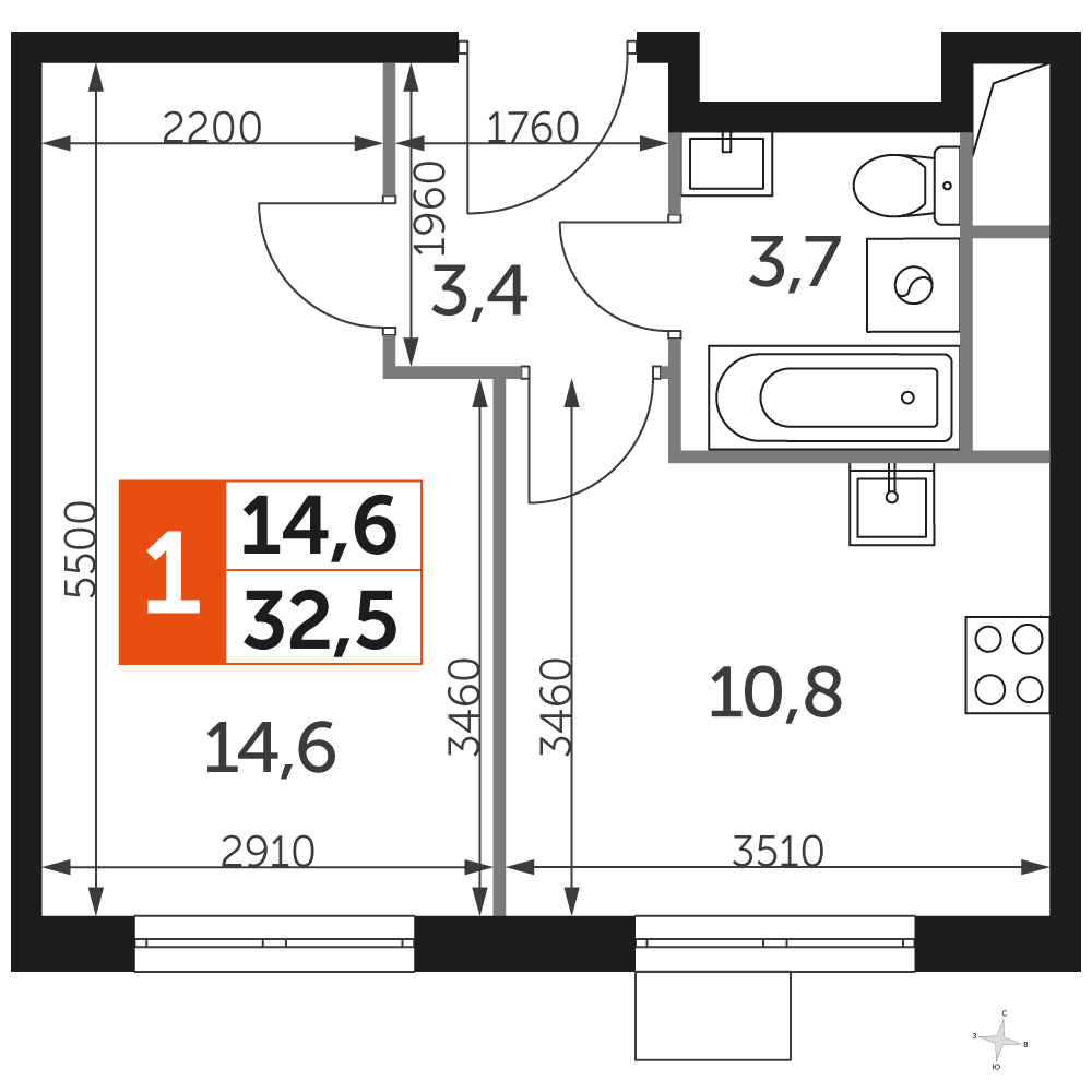1-комнатная квартира с отделкой в ЖК Эко Бунино на 4 этаже в 2 секции. Сдача в 4 кв. 2025 г.