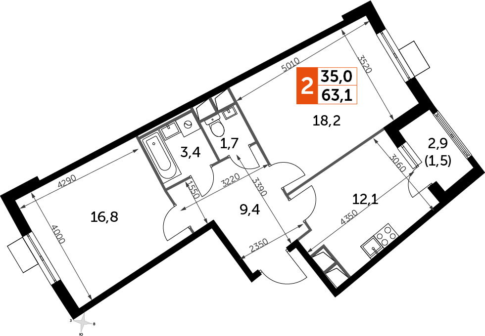 2-комнатная квартира в ЖК Резиденции Замоскворечье на 6 этаже в 3 секции. Дом сдан.
