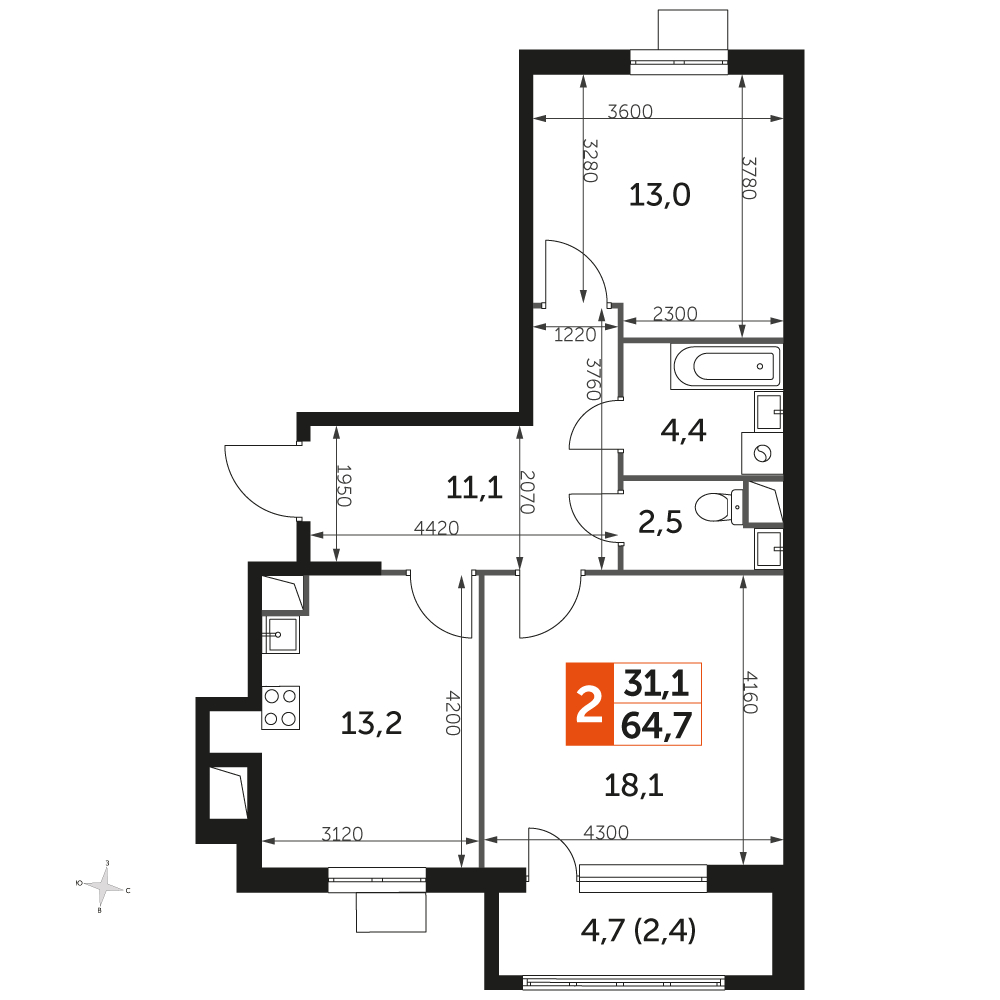 3-комнатная квартира в ЖК Резиденции Замоскворечье на 4 этаже в 2 секции. Дом сдан.