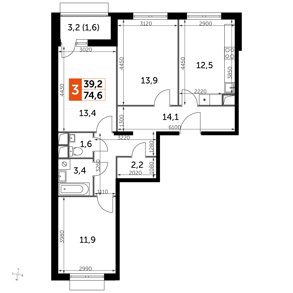 2-комнатная квартира в ЖК Резиденции Замоскворечье на 4 этаже в 3 секции. Дом сдан.