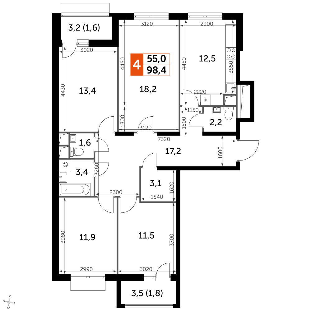 2-комнатная квартира в ЖК UP-квартал Римский на 4 этаже в 16 секции. Сдача в 3 кв. 2023 г.