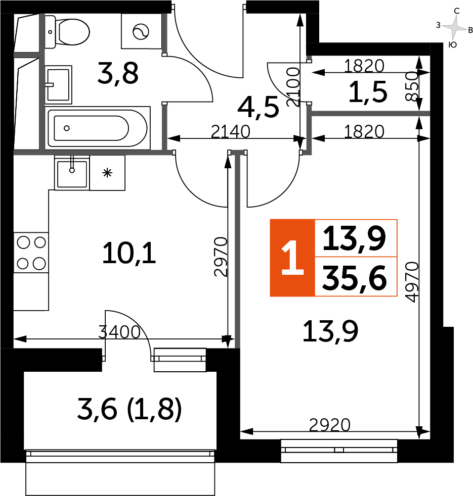 1-комнатная квартира в ЖК Эко Бунино на 4 этаже в 8 секции. Сдача в 4 кв. 2025 г.
