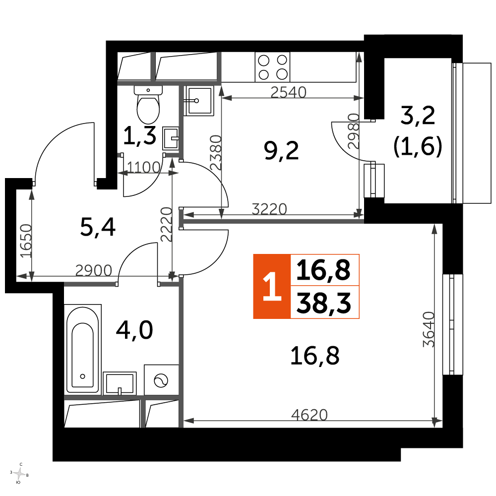 1-комнатная квартира с отделкой в ЖК Резиденции Замоскворечье на 4 этаже в 3 секции. Дом сдан.