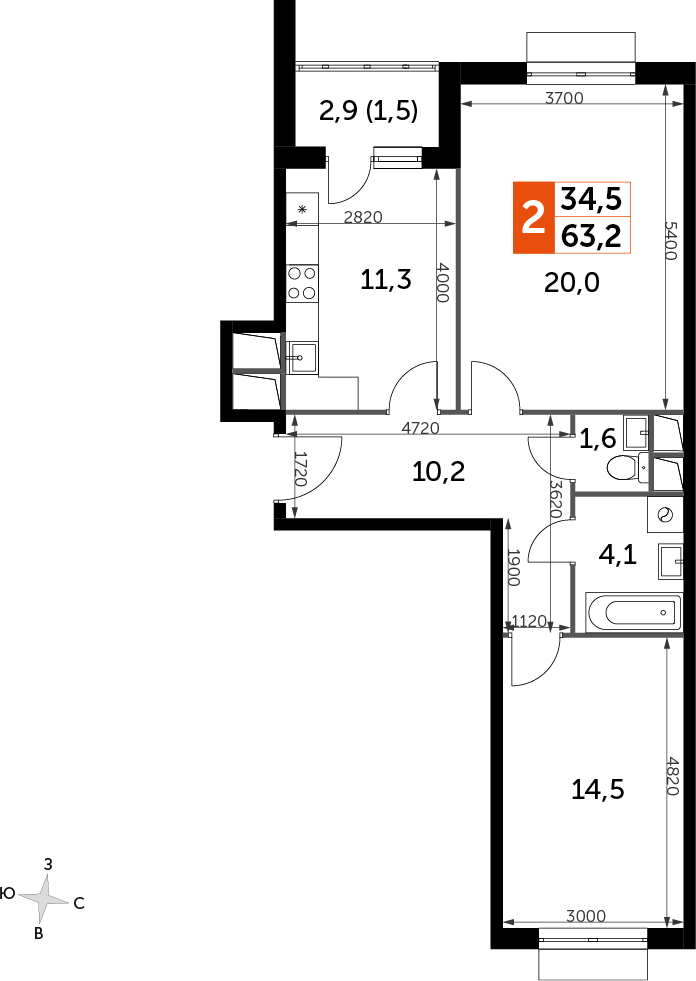 2-комнатная квартира с отделкой в ЖК UP-квартал Римский на 14 этаже в 3 секции. Сдача в 3 кв. 2023 г.
