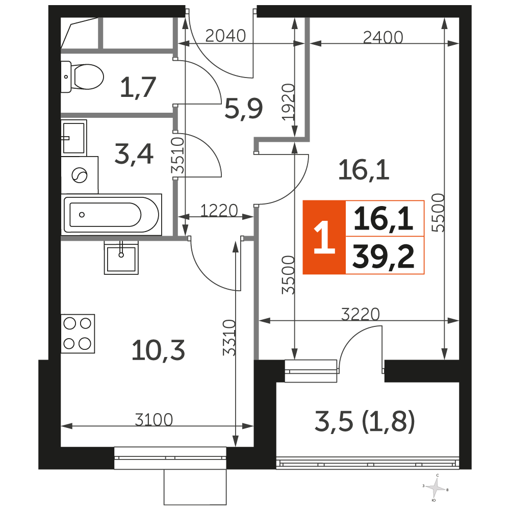 2-комнатная квартира в ЖК Эко Бунино на 1 этаже в 10 секции. Сдача в 4 кв. 2025 г.