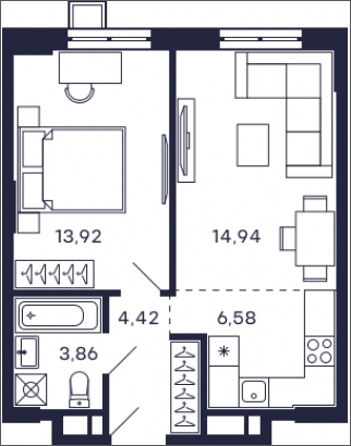 2-комнатная квартира в ЖК Квартал Тетрис на 24 этаже в 1 секции. Сдача в 2 кв. 2025 г.