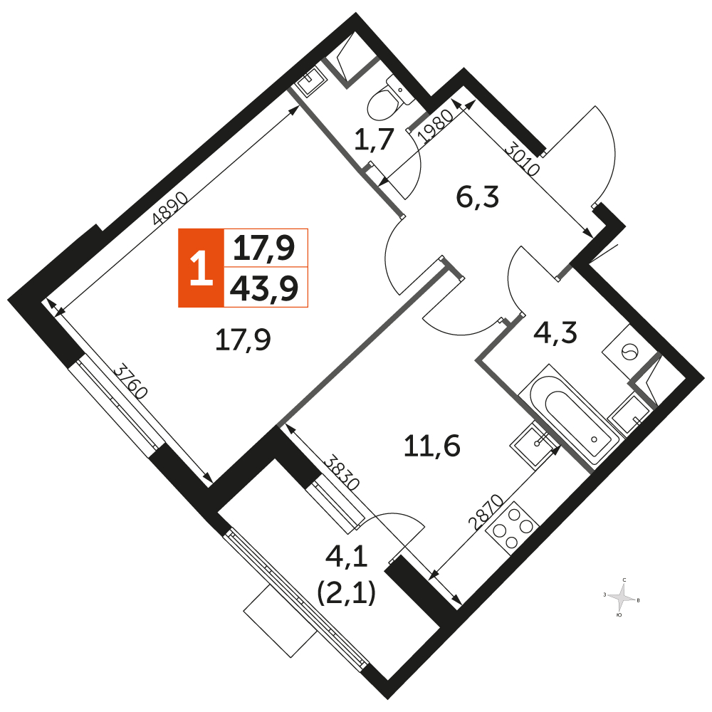 2-комнатная квартира в ЖК UP-квартал Римский на 5 этаже в 22 секции. Сдача в 3 кв. 2023 г.