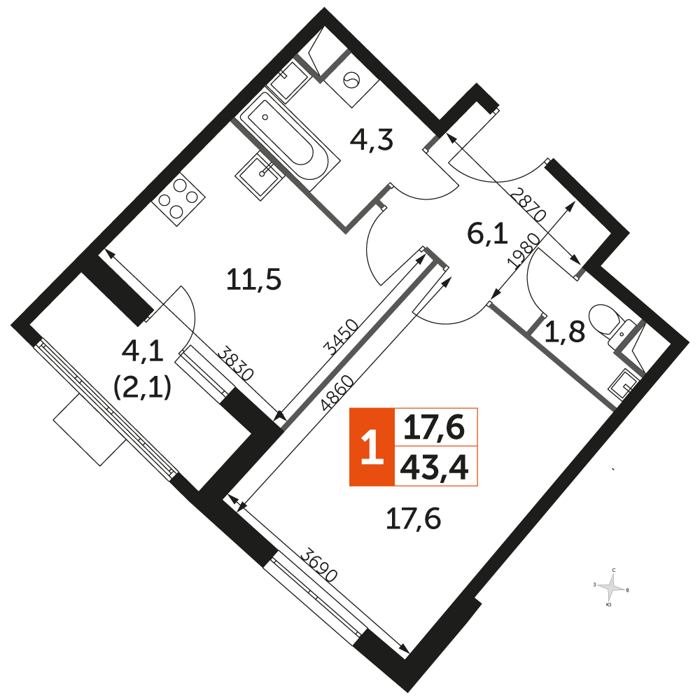 2-комнатная квартира в ЖК Резиденции Замоскворечье на 10 этаже в 1 секции. Дом сдан.