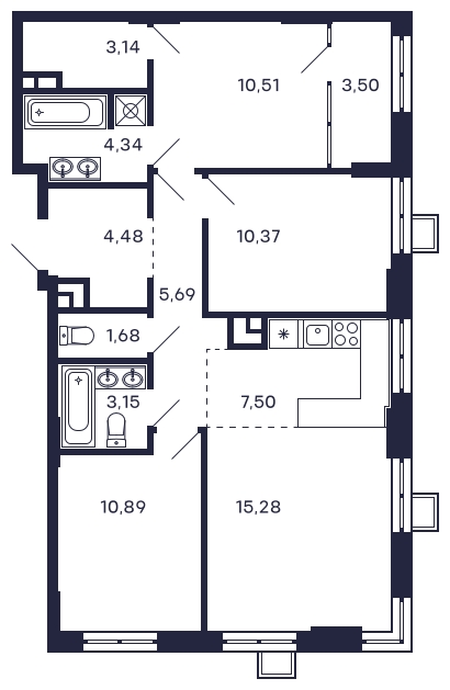 3-комнатная квартира в ЖК VESNA на 8 этаже в 1 секции. Сдача в 4 кв. 2022 г.